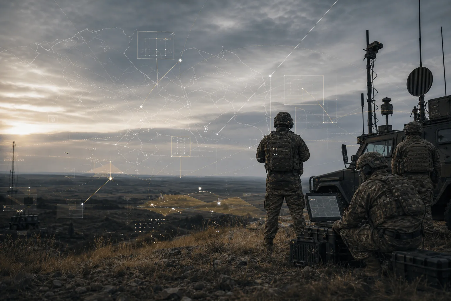 Field operations personnel with communication equipment and subtle map analysis overlays