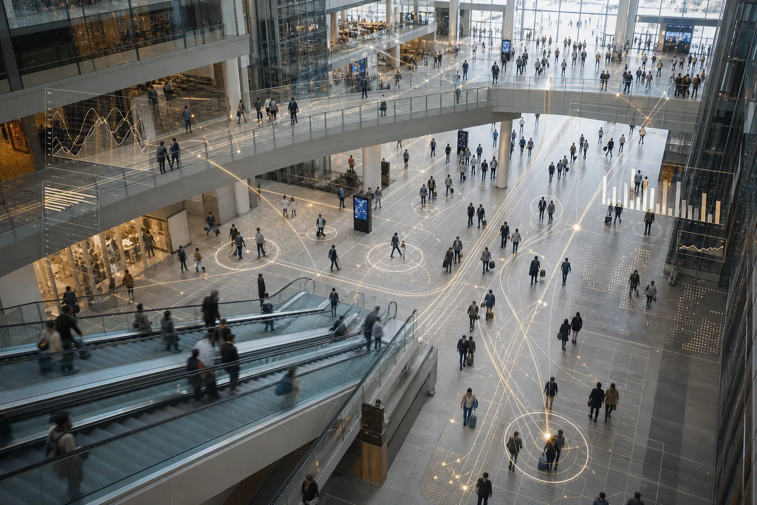Large transport hub with people movement and flow analysis overlays