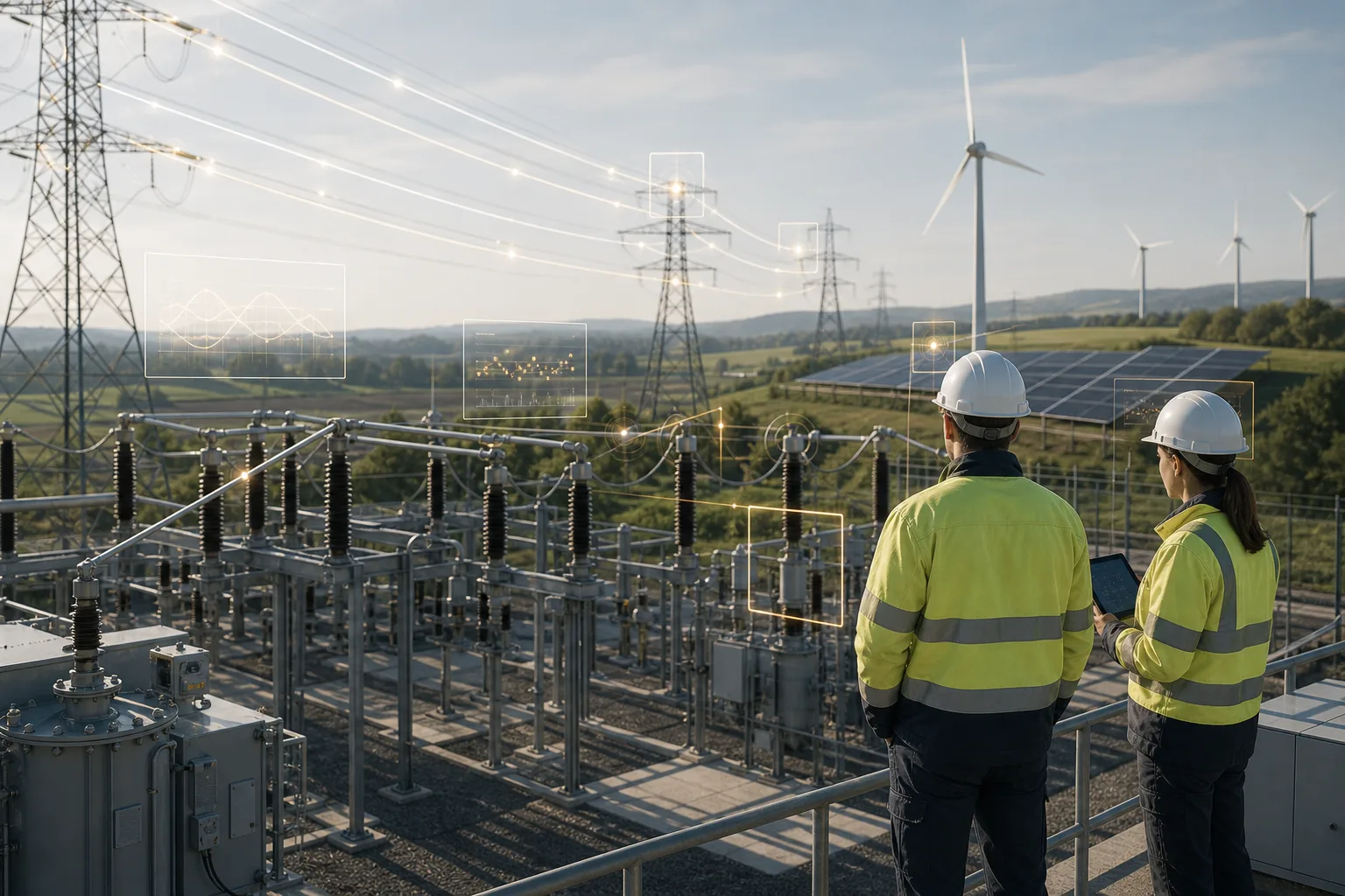 Energy infrastructure and utility workers with subtle monitoring analysis overlays