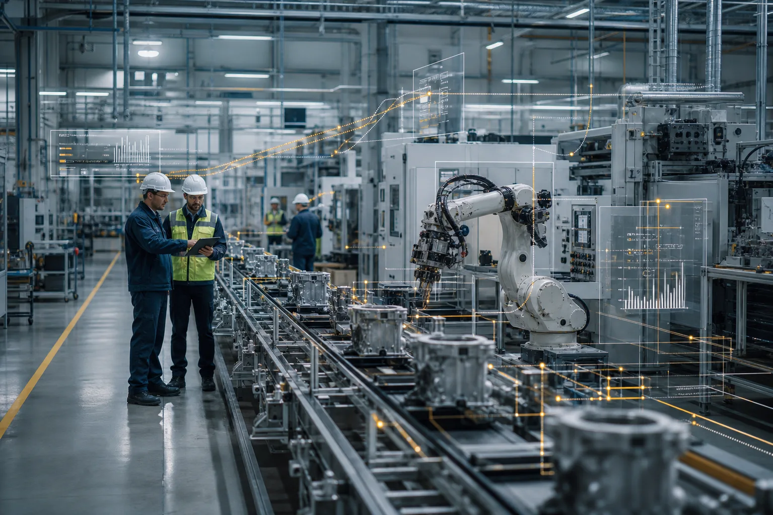 Manufacturing line with engineers and production analysis overlays