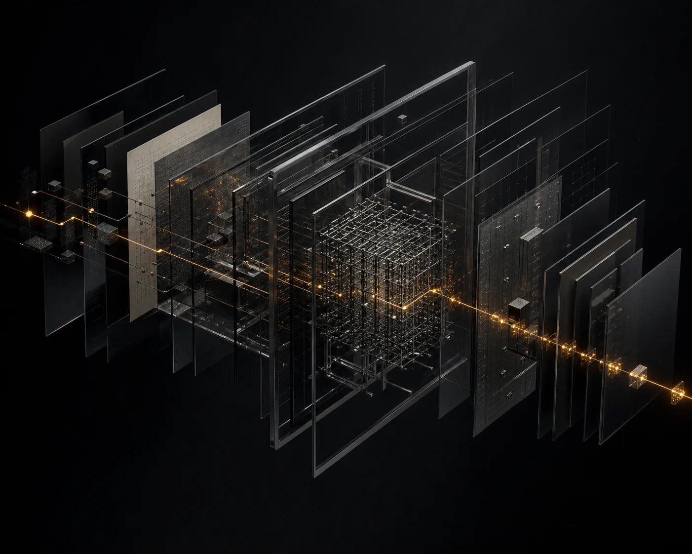 Abstract governed data system with connected layers and a traceable amber signal path