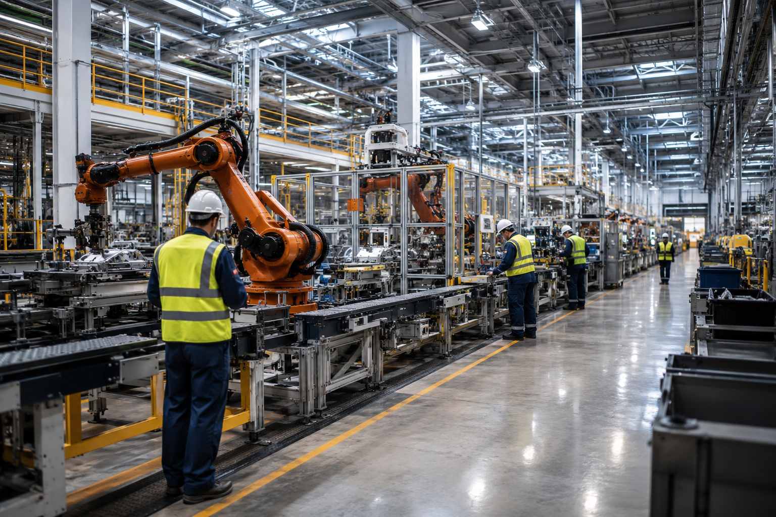 Manufacturing line with robotic assembly and engineers monitoring production