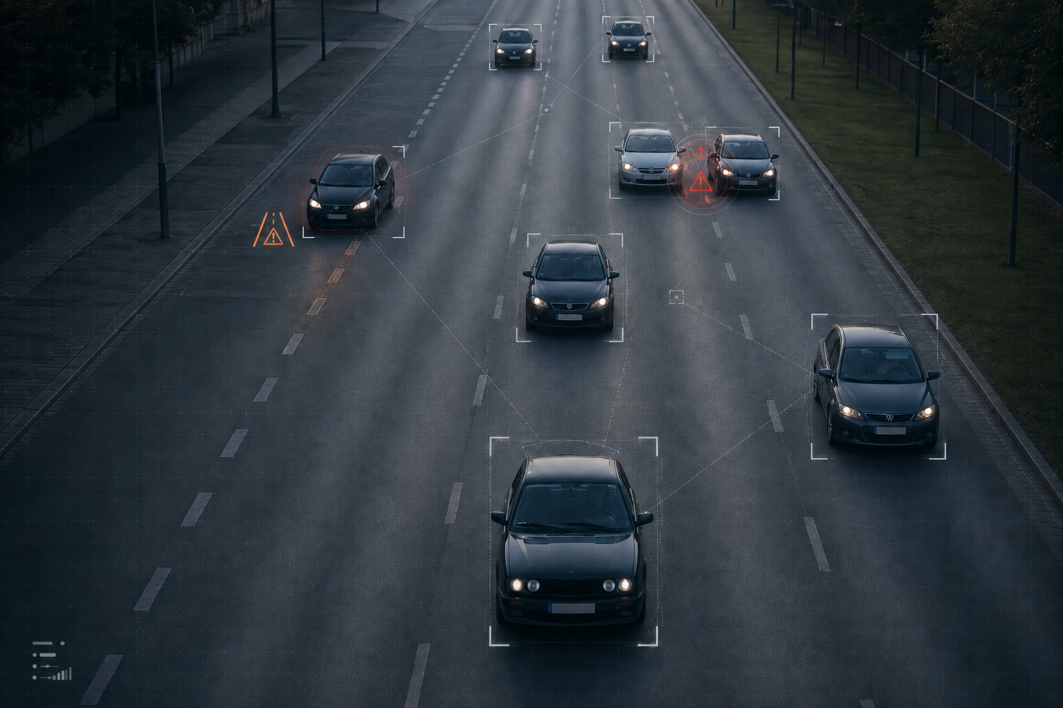 Urban traffic viewed from above with vehicle detection and flow analysis overlays