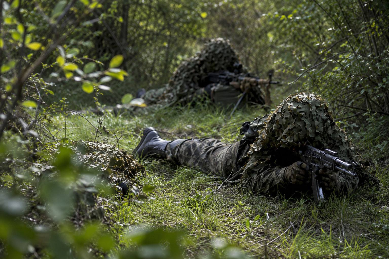 Field operations personnel in camouflage conducting a secure mission in woodland terrain